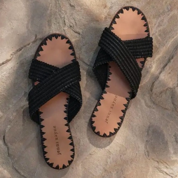 Jenni Kayne Shoes - Jenni Kayne Raffia Crossover Black Slip On Casual Slide Sandals Women’s 38